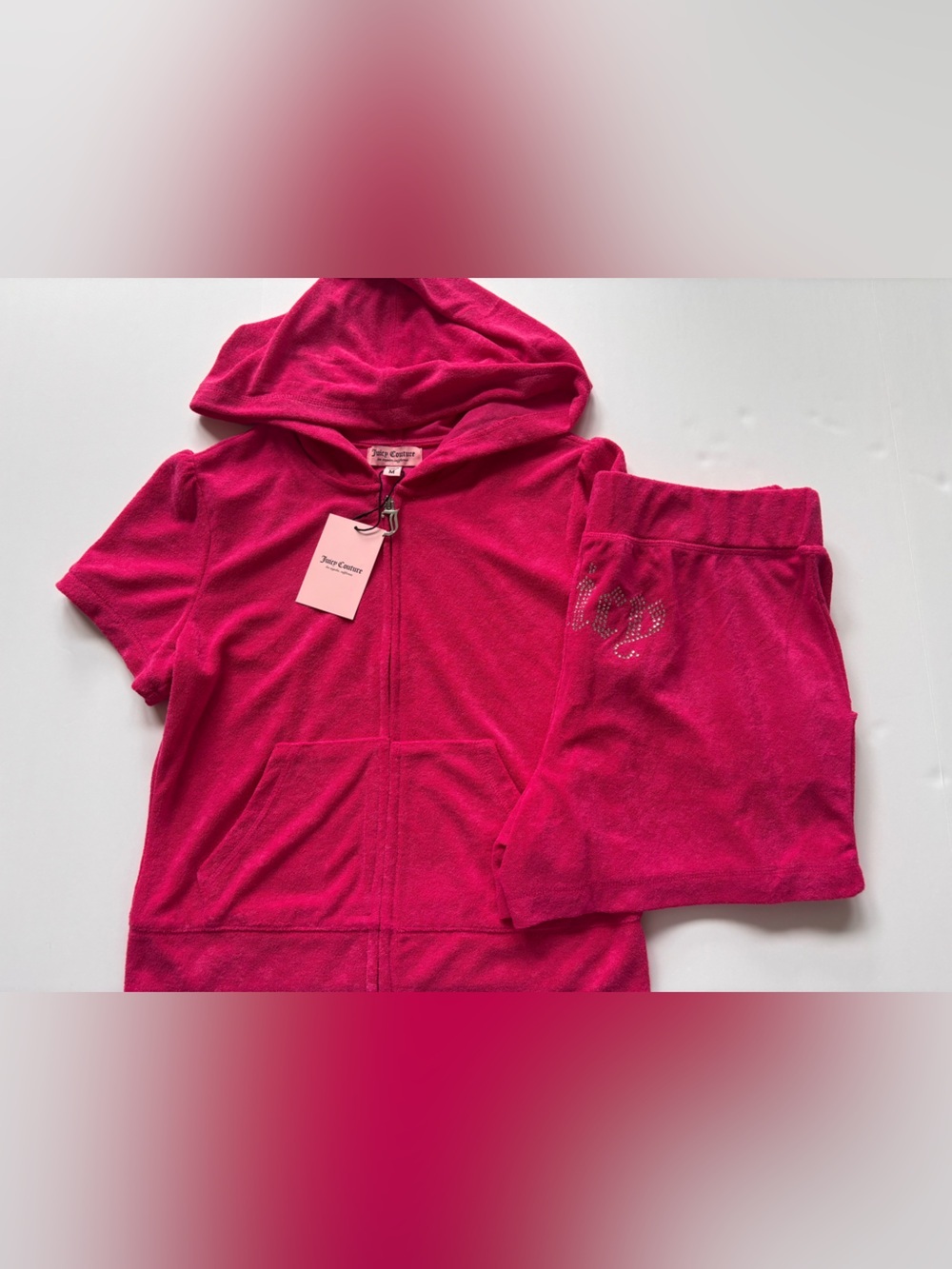 Juicy Couture Hot Pink Terry Cloth Hoodie Shorts Set Rhinestone Y2K NWT M